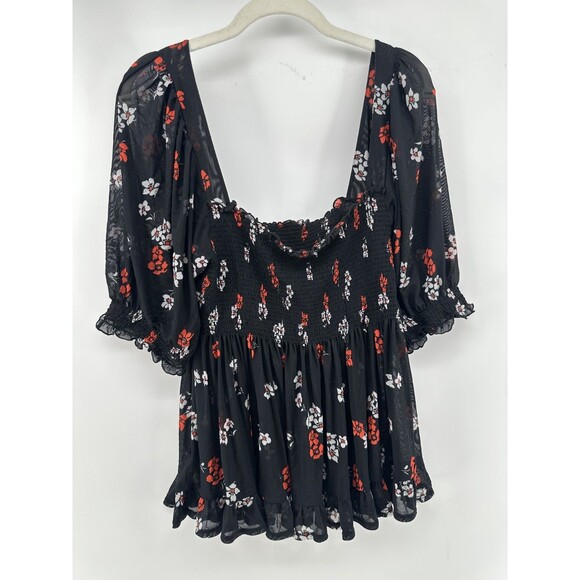 Free People Peasant Boho Floral Shirt Large Tunic Smocked Cld shoulder Sheer - Picture 2 of 3